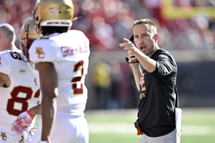 Sep 23, 2023; Louisville, Kentucky, USA; Boston College Eagles head coach Jeff Hafley yells instructions to his players during the first half against the Louisville Cardinals at L&N Federal Credit Union Stadium.